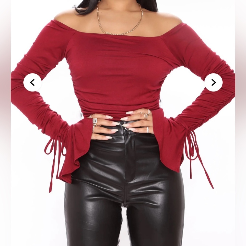 Fashion Nova Red Bell Sleeve Ruched Blouse